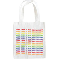 Detailed view of cream tote bag with colorful wiener dog graphic and inspirational Keep Calm message.