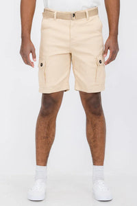 Khaki belted cargo shorts folded neatly showing button closure and pocket design.