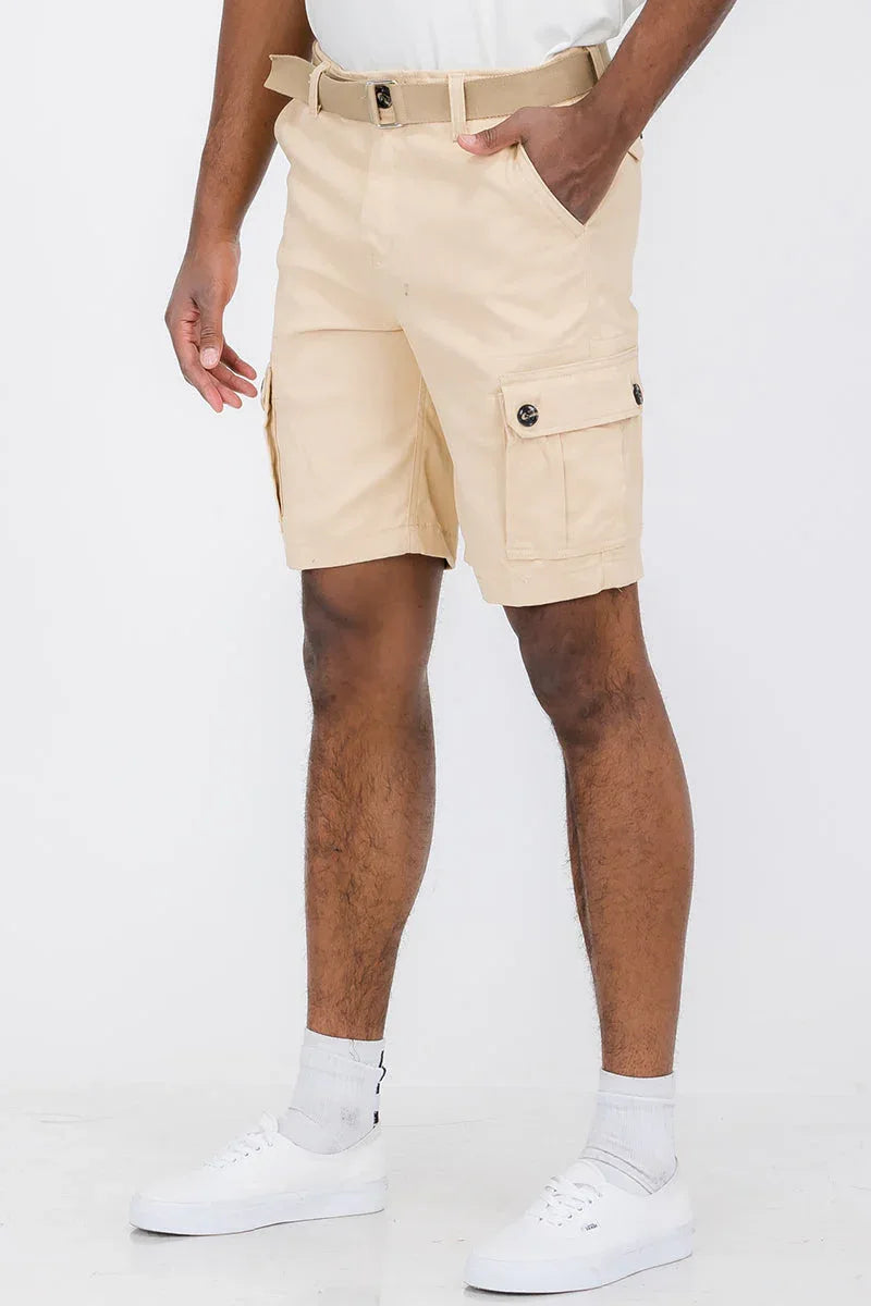 Close-up of khaki belted cargo shorts showing side cargo pocket and belt detail.