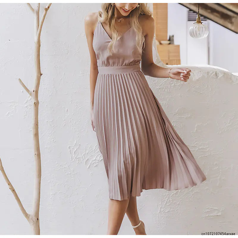 Vintage Summer Strap Pleated V-Neck Midi Dress