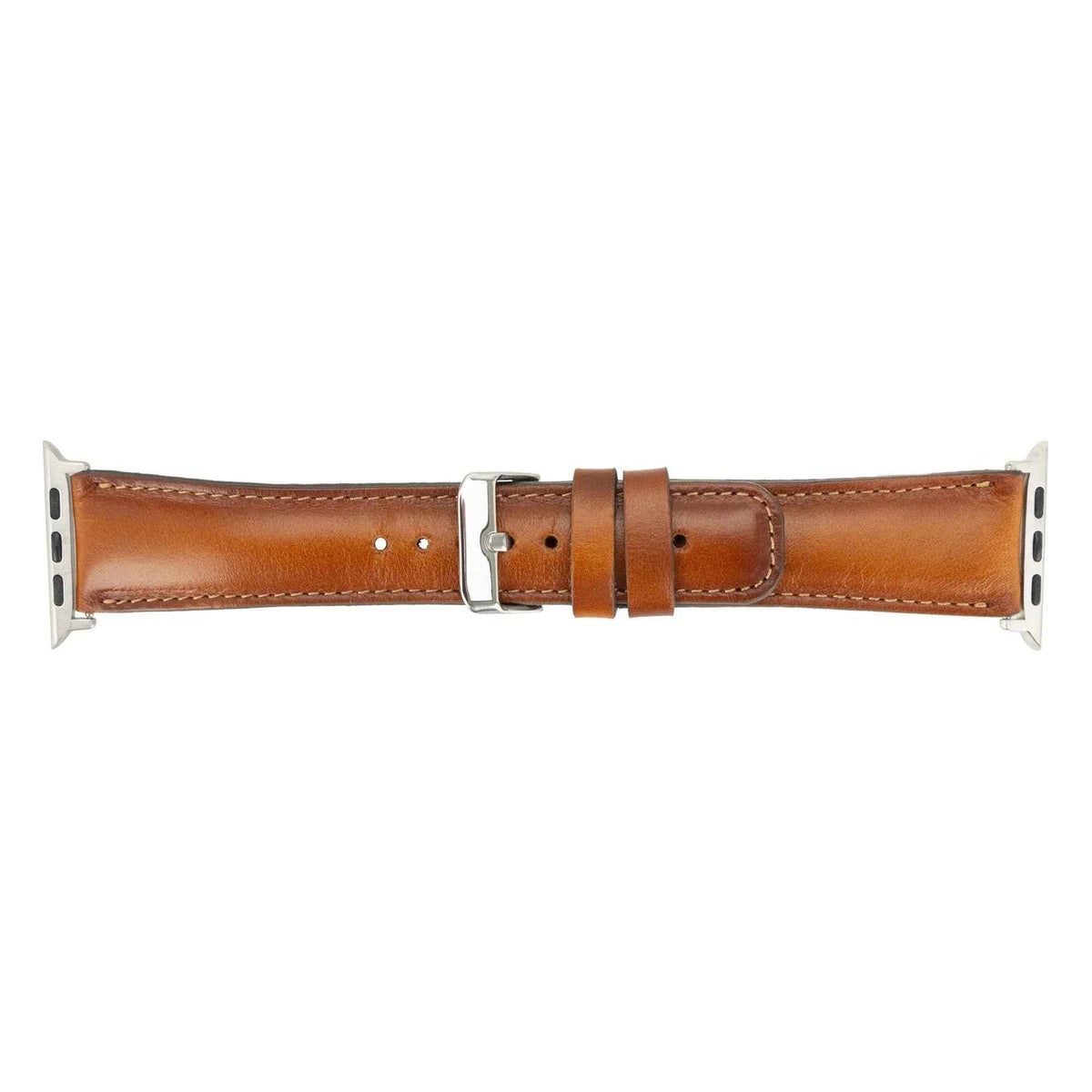 Side angle view of tan leather Apple Watch band highlighting thickness and texture.