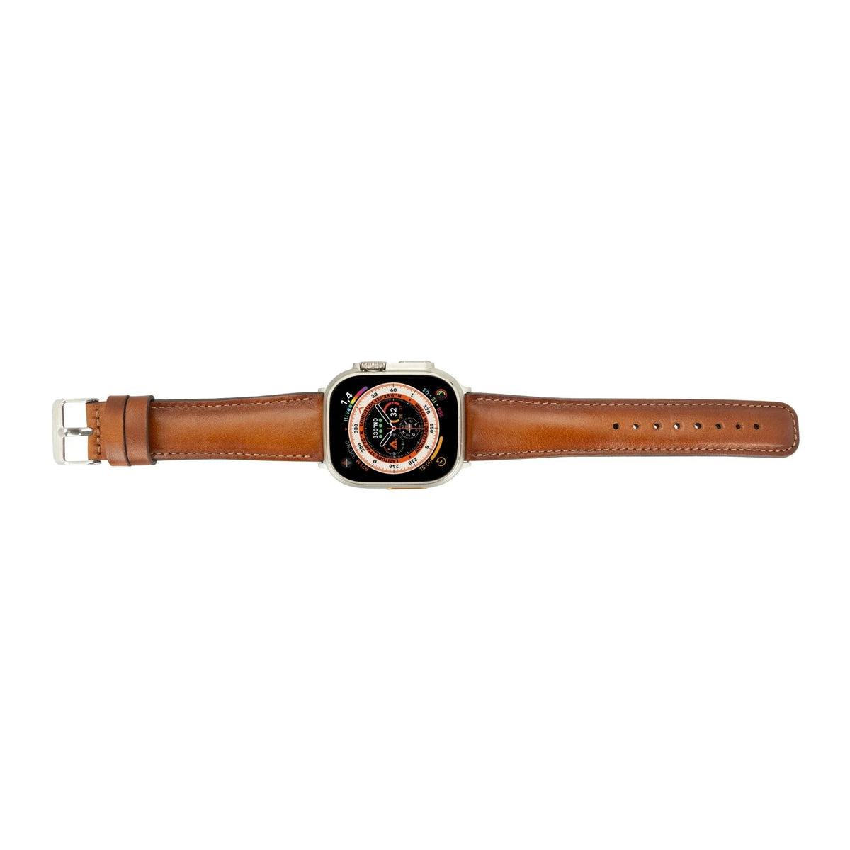 Close-up of tan leather Apple Watch band showing texture and stitching detail.