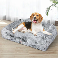 Small dog lying comfortably on soft orthopedic pet bed in a modern living room