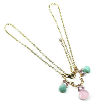 Light pink and mint chalcedony briolette necklace with sparkling crystals on a gold filled chain