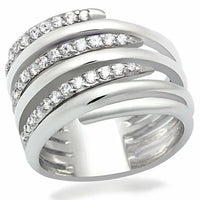 Side angle of shiny rhodium brass ring showcasing clear AAA grade cubic zirconia stone.