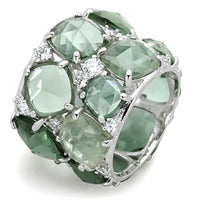 Rhodium-finished 925 sterling silver ring with emerald green synthetic glass stone, elegant jewelry piece.