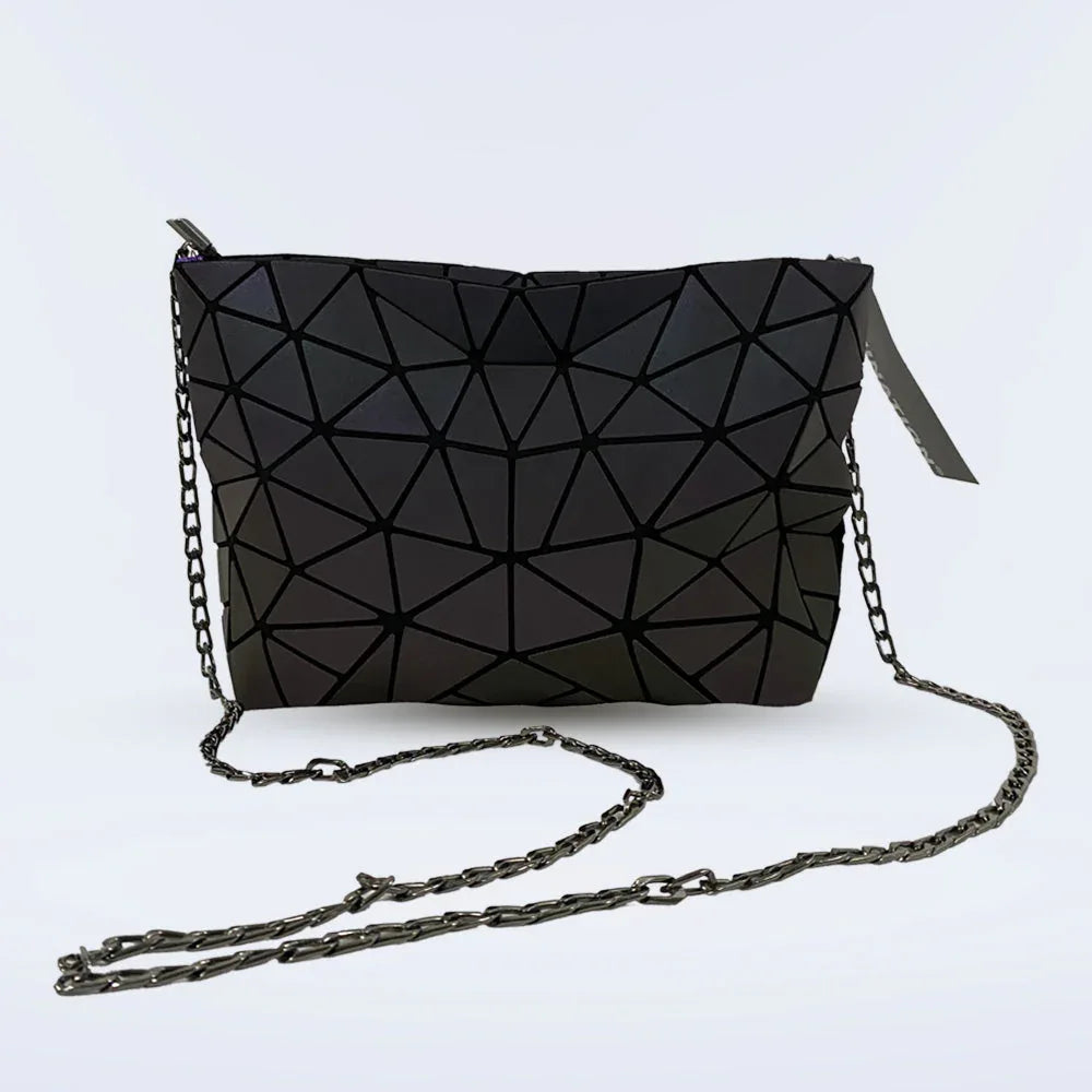 Top angle of the Lumination Holographic Purse displaying its color-shifting holographic material.