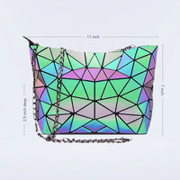 Close-up of the purse's holographic texture with vibrant, shifting colors on a soft surface.