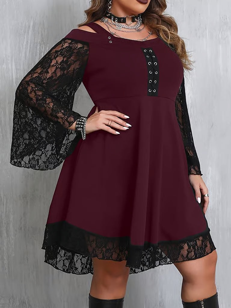 Gothic Lace V-necks Long Sleeve Aline Knee Length Dress