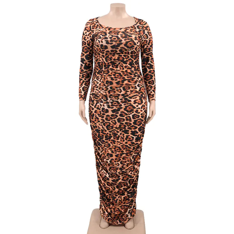 Elegant Plus Size Leopard Bodycon Maxi Dress for Fall