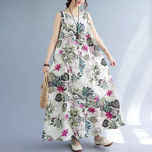Women's Printed Cotton Linen Sleeveless Round Neck Dress