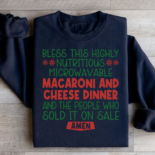 Black sweatshirt featuring colorful macaroni and cheese graphic on front.