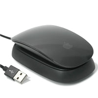 Dark grey Ascrono Magic Mouse 2 Charger with Apple Magic Mouse 2 placed on charging stand.