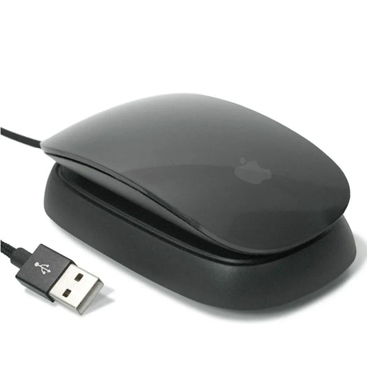 Dark grey Ascrono Magic Mouse 2 Charger with Apple Magic Mouse 2 placed on charging stand.