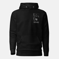 Back view of black hoodie with large stylized mask graphic printed on the back.