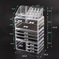 Makeup organizer filled with cosmetics and jewelry on a vanity