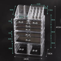 Clear acrylic 7 drawer storage box filled with various cosmetics and jewelry