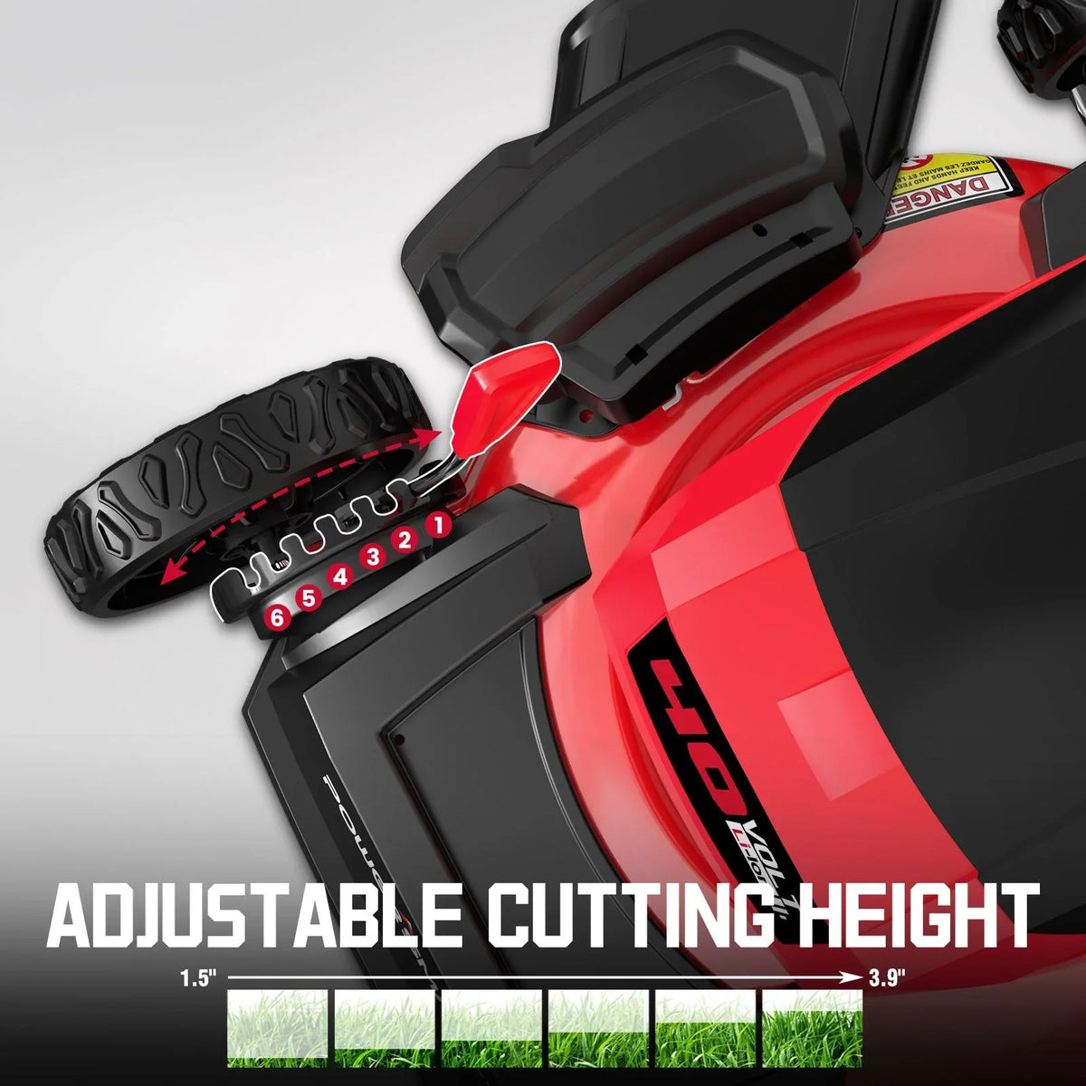 Side view of cordless lawn mower highlighting ergonomic handle and foldable design.