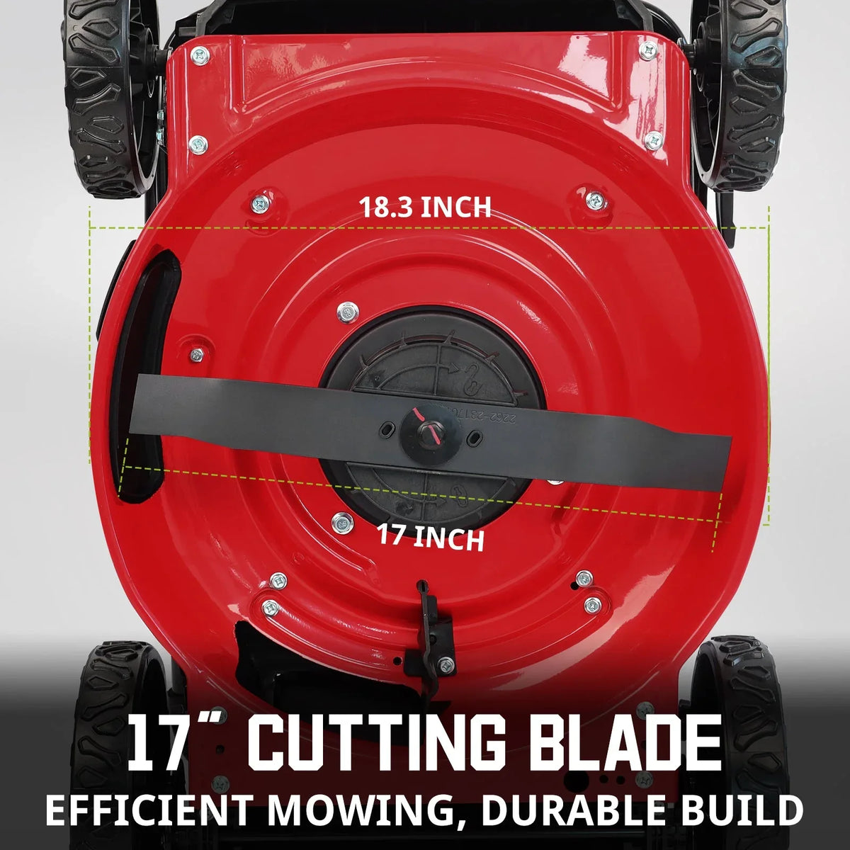 Close-up of brushless motor and steel 17-inch mower deck under the chassis.