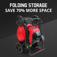 Folded cordless lawn mower stored vertically for compact storage.