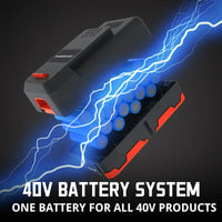 Cordless 40V lawn mower with battery charging on the side of the garage.