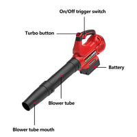 Side view of leaf blower with air intake and nozzle details against white background