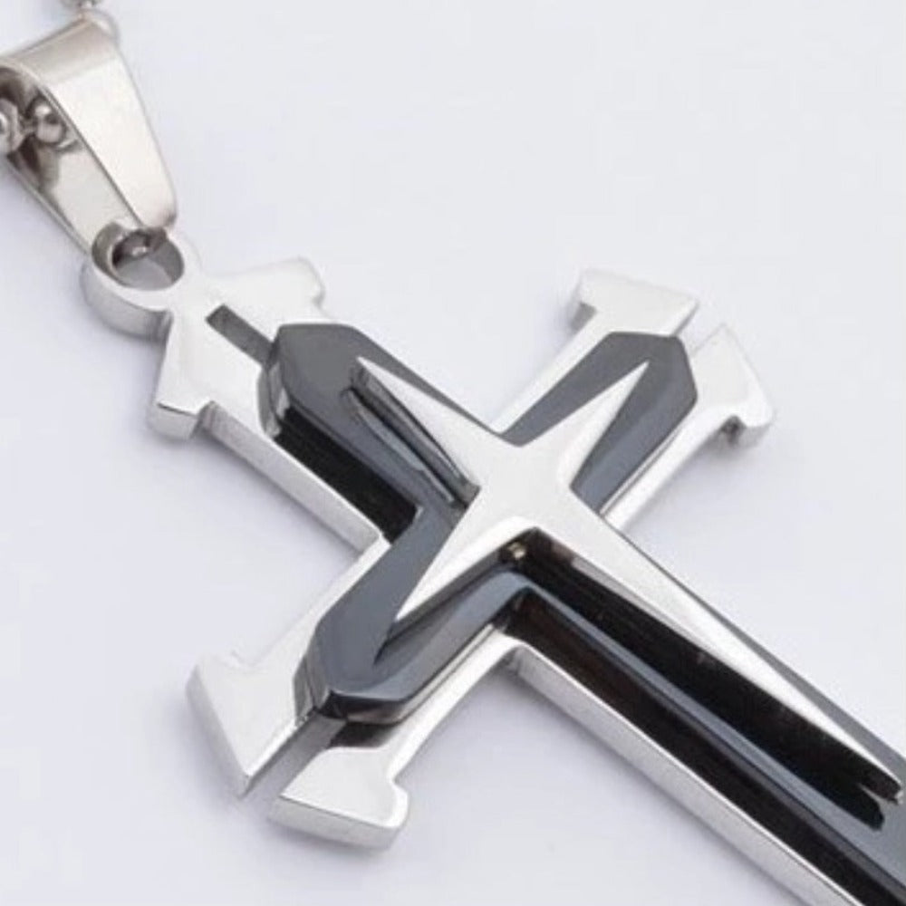 Mens Steel Cross Pendant Necklace