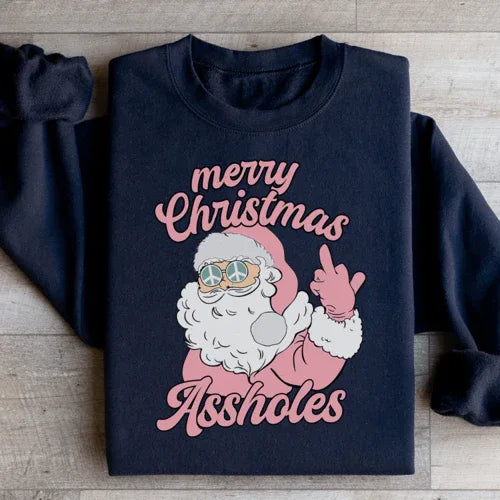 Black sweatshirt with bold 'Merry Christmas A sholes' message, small size, cozy fleece fabric
