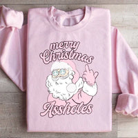 Light pink sweatshirt printed with 'Merry Christmas A sholes' in decorative lettering, small size