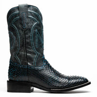Side view of Missouri python skin cowboy boot in black and blue with square toe and leather shaft.