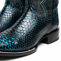 Detailed shot of python skin vamp and full-grain leather shaft on Missouri cowboy boot.