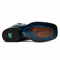 Missouri boot angled showing square toe and textured python skin in black and blue.
