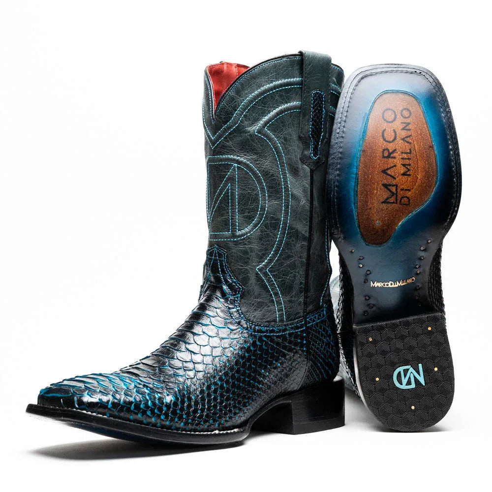 Close-up of Missouri black and blue cowboy boot with genuine python skin and square toe design.