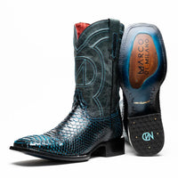 Close-up of Missouri black and blue cowboy boot with genuine python skin and square toe design.