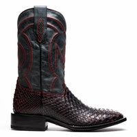 Side view of Missouri BlackCherry python skin cowboy boot highlighting full-grain leather shaft.