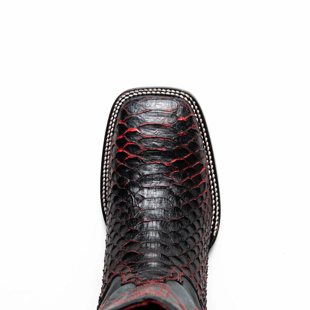 Missouri BlackCherry boot seen from above highlighting python skin vamp and leather shaft.