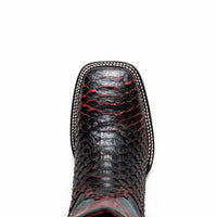 Missouri BlackCherry boot seen from above highlighting python skin vamp and leather shaft.