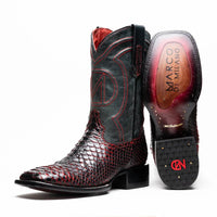 Close-up of Missouri BlackCherry cowboy boot showcasing genuine python skin and square toe design.