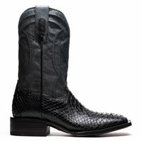 Side profile of Missouri cowboy boot showcasing genuine Python skin vamp and leather shaft.