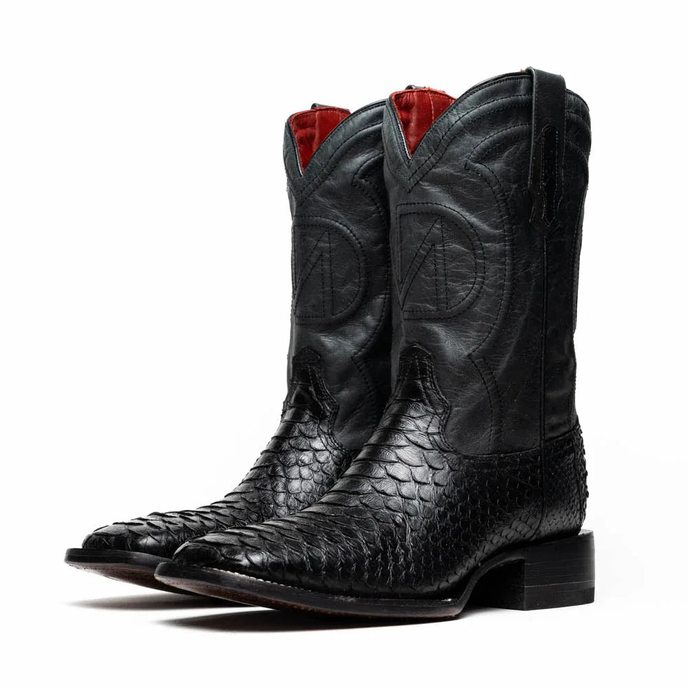 Close-up of black Python skin texture on the vamp of Missouri cowboy boot.