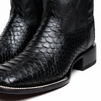 Detail shot of square toe and stitching on Missouri Python skin cowboy boot.
