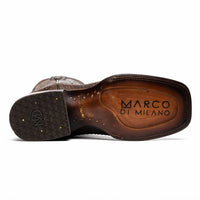 Missouri boot’s red leather lining visible inside the brown python skin and leather cowboy boot.