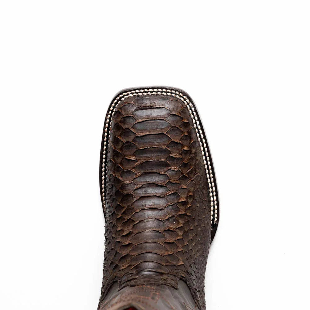 Full view of the Missouri brown python skin cowboy boot highlighting craftsmanship and western style.