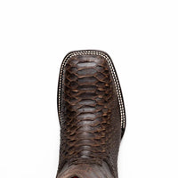 Full view of the Missouri brown python skin cowboy boot highlighting craftsmanship and western style.