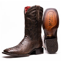 Close-up of the square toe and textured brown python skin vamp on Missouri cowboy boot.