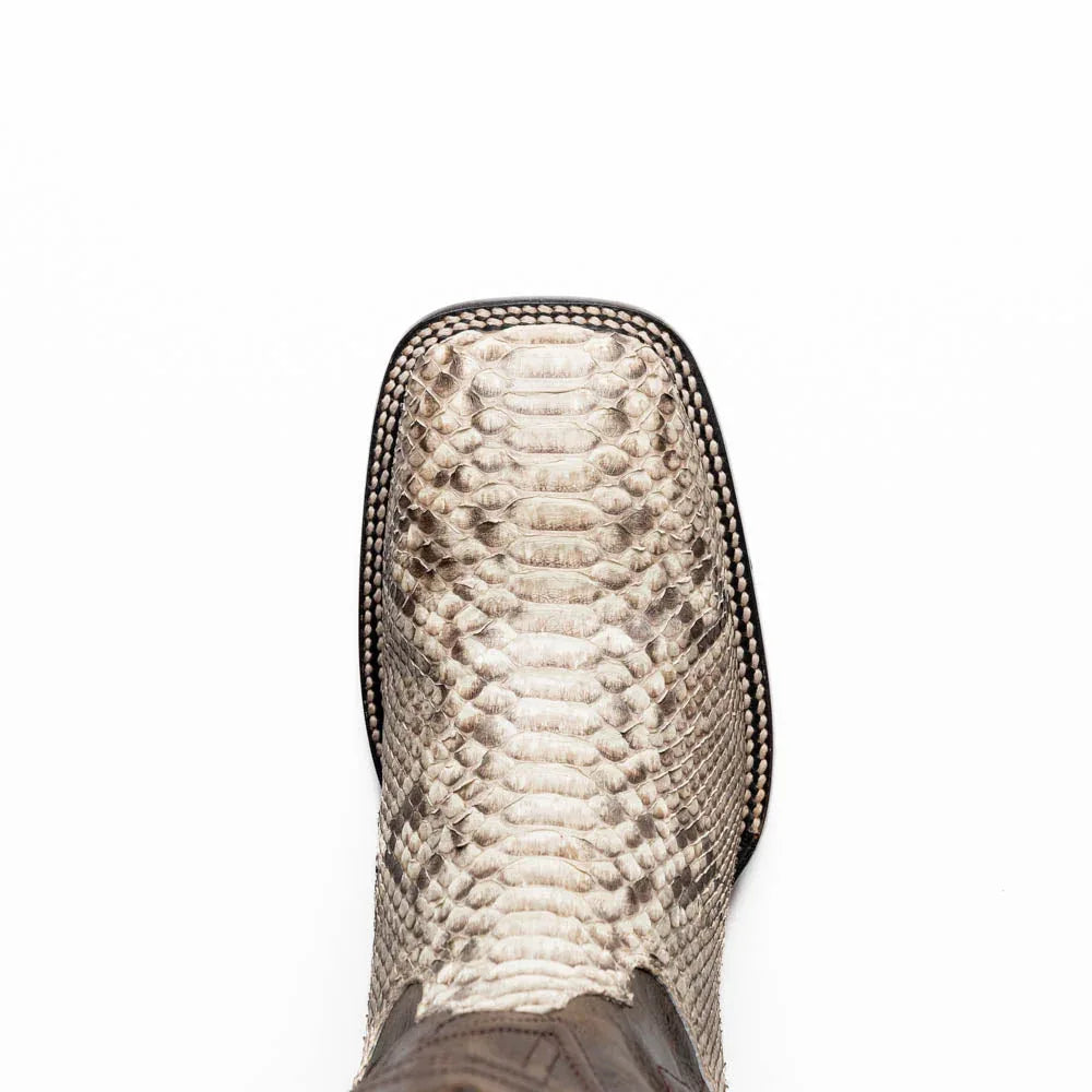 Missouri Natural boot photographed to highlight the mix of python skin and smooth leather.
