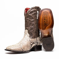 Close-up side view of Missouri Natural boot showing python skin vamp and square toe design.
