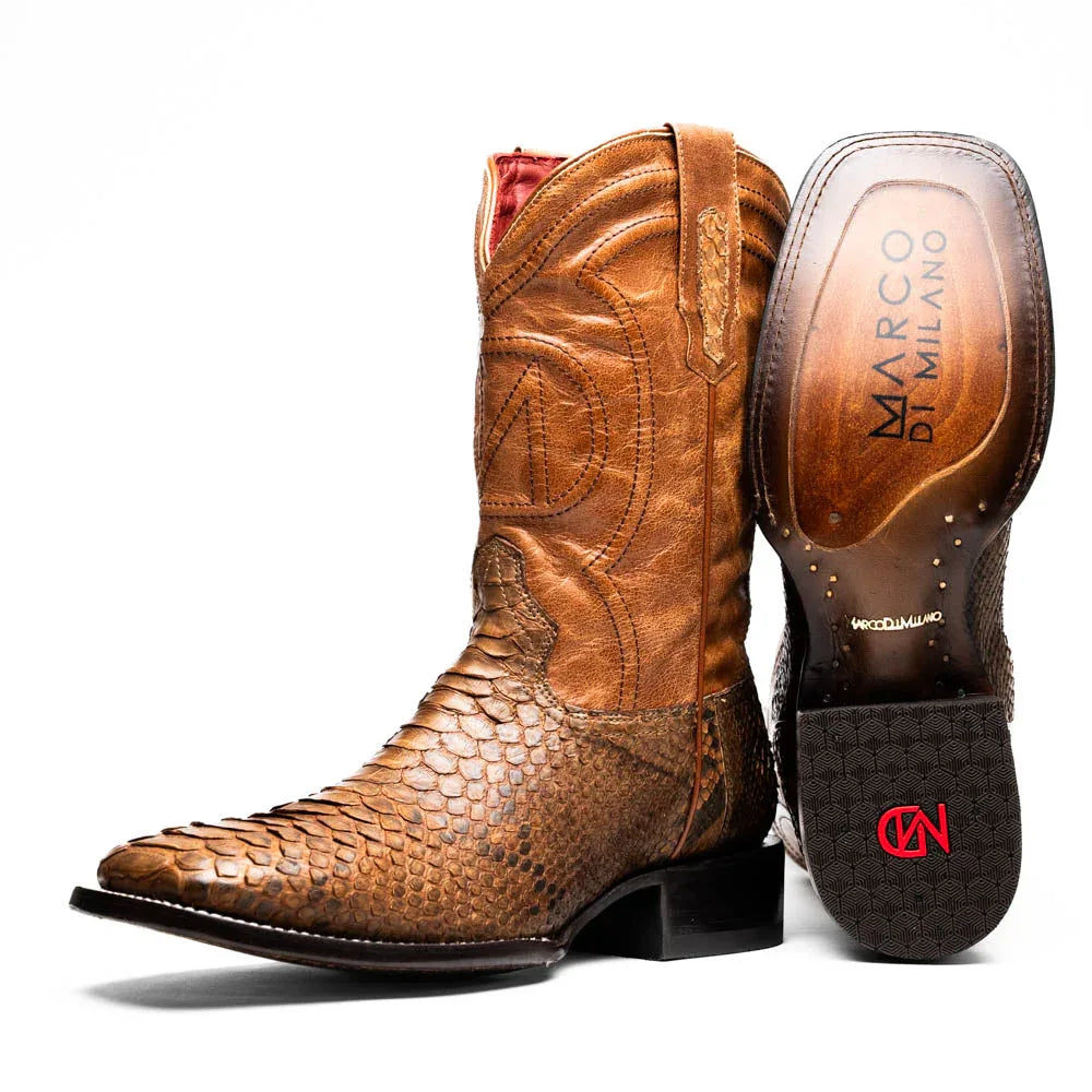 Close-up of Missouri cowboy boot in cognac with genuine python skin and square toe.