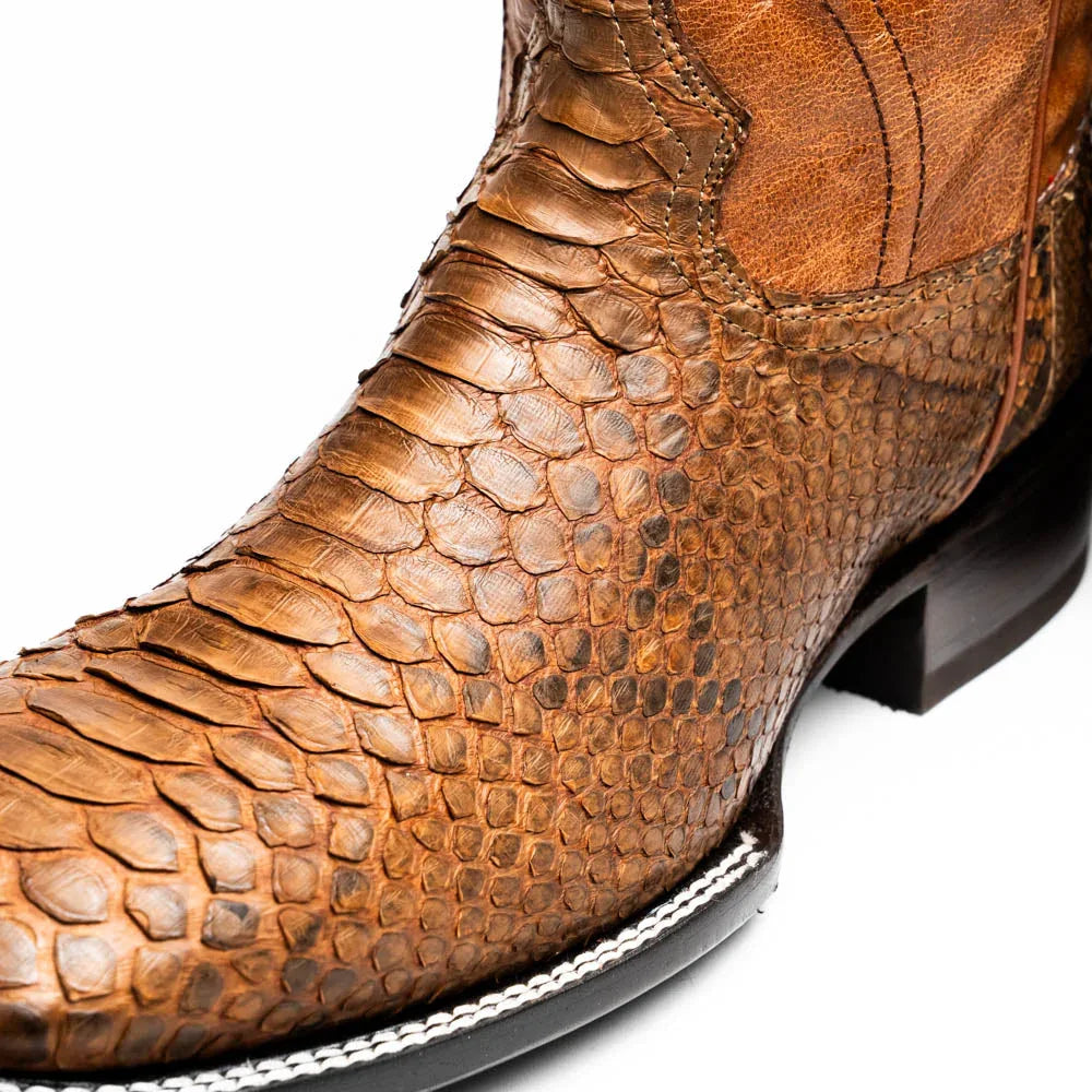 Top view showing the detailed texture of python skin and leather on the Missouri boot.