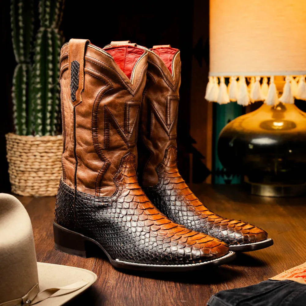 Missouri Lisboa python cowboy boot styled with casual Western outfit, highlighting boot’s bold design and craftsmanship.